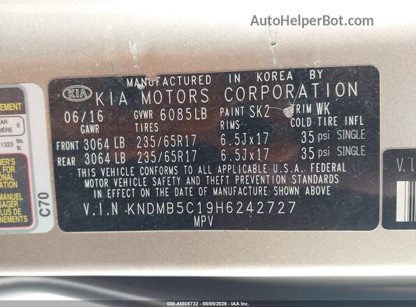 KNDMB5C19H6242727 2017 KIA SEDONA Gold Вид підкапотного простору