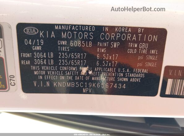 KNDMB5C19K6567434 2019 KIA SEDONA White Vista del compartimento del motor
