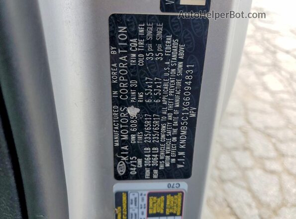 KNDMB5C1XG6094831 2016 KIA SEDONA Silver Вид наклейки з VIN-кодом