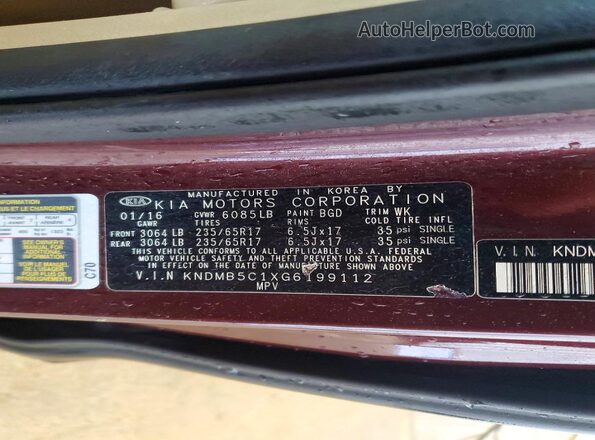 KNDMB5C1XG6199112 2016 KIA SEDONA Burgundy Widok naklejki z numerem VIN
