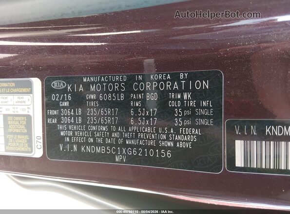 KNDMB5C1XG6210156 2016 KIA SEDONA Бордовый Вид подкапотного пространства