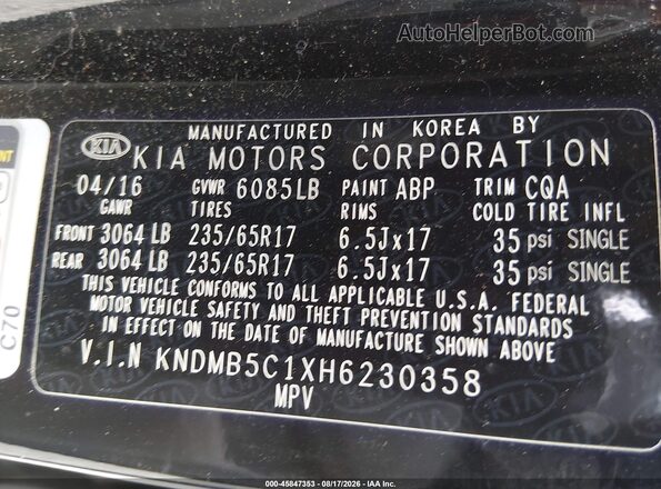 KNDMB5C1XH6230358 2017 KIA SEDONA Black Engine compartment view