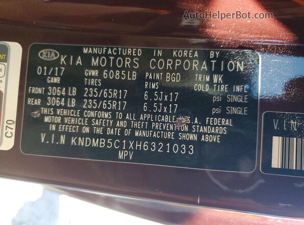 KNDMB5C1XH6321033 2017 KIA SEDONA Burgundy VIN sticker view