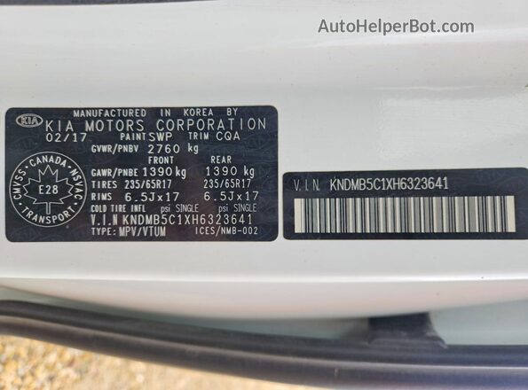 KNDMB5C1XH6323641 2017 KIA SEDONA White Widok naklejki z numerem VIN
