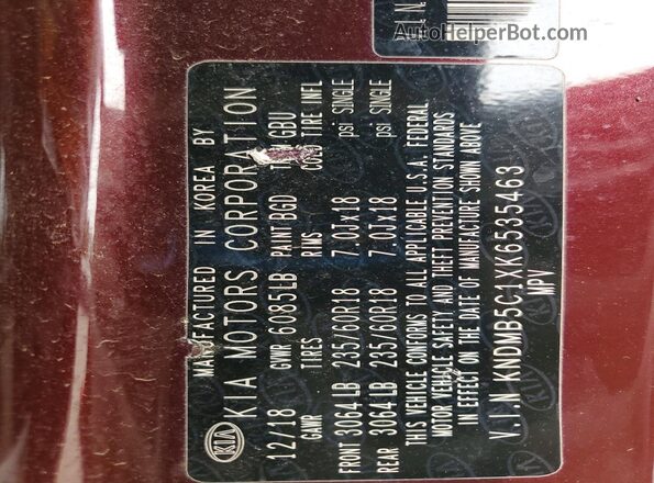 KNDMB5C1XK6535463 2019 KIA SEDONA Maroon VIN կոդի պիտակի տեսք