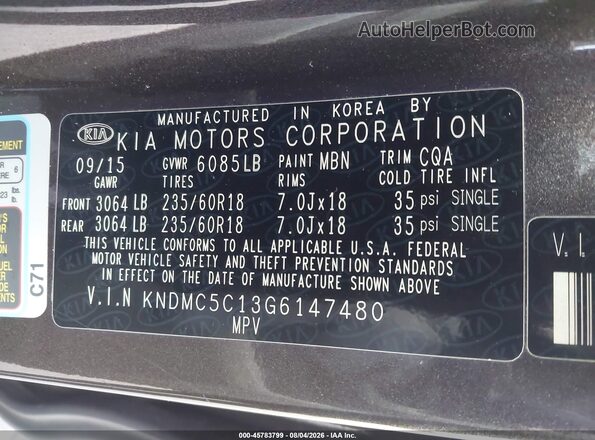 KNDMC5C13G6147480 2016 KIA SEDONA Brown Շարժիչի բաժամունքի տեսք