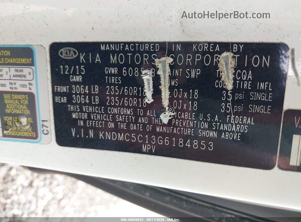 KNDMC5C13G6184853 2016 KIA SEDONA White Widok komory silnika