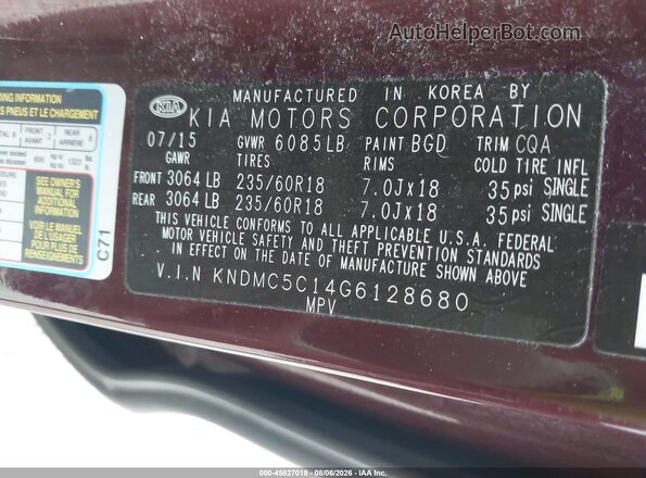 KNDMC5C14G6128680 2016 KIA SEDONA Maroon Вид підкапотного простору
