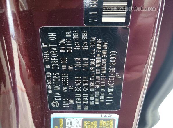 KNDMC5C14G6180939 2016 KIA SEDONA Burgundy Вид наклейки з VIN-кодом