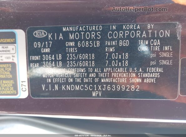 KNDMC5C1XJ6399282 2018 KIA SEDONA Темно-бордовый Вид подкапотного пространства