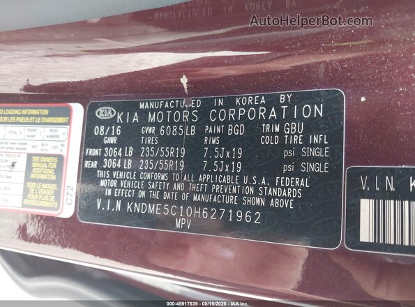 KNDME5C10H6271962 2017 KIA SEDONA Burgundy ძრავის განყოფილების ხედი
