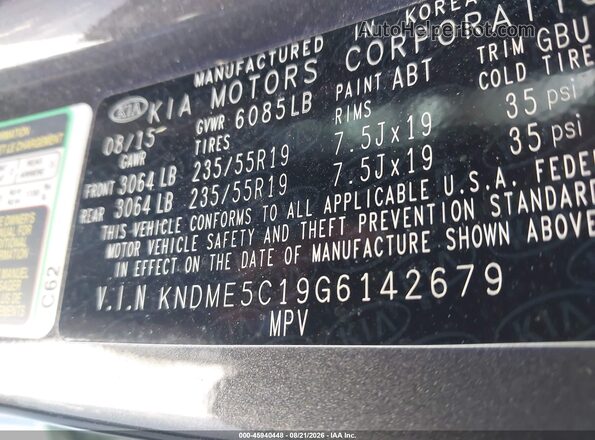 KNDME5C19G6142679 2016 KIA SEDONA Gray Engine compartment view