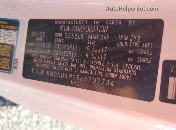 KNDNB4H38P6207734 2023 KIA CARNIVAL White Вид наклейки з VIN-кодом