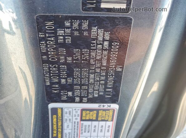 KNDNE5H34N6092009 2022 KIA CARNIVAL Gray VIN კოდის სტიკერის ხედი