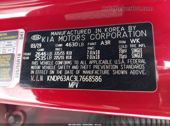 KNDP63AC3L7668586 2020 KIA SPORTAGE Burgundy ძრავის განყოფილების ხედი