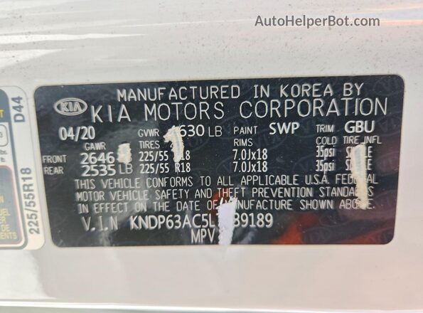 KNDP63AC5L7839189 2020 KIA SPORTAGE White VIN կոդի պիտակի տեսք
