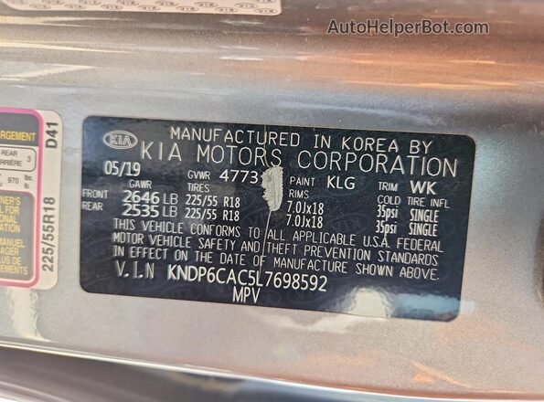 KNDP6CAC5L7698592 2020 KIA SPORTAGE Серый Вид наклейки с VIN-кодом