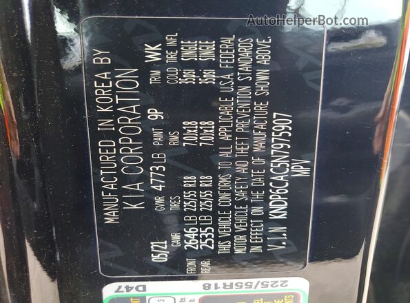 KNDP6CAC5N7975907 2022 KIA SPORTAGE Черный Вид наклейки с VIN-кодом