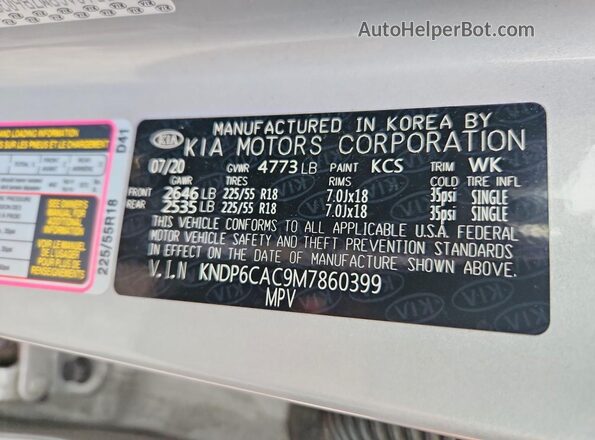 KNDP6CAC9M7860399 2021 KIA SPORTAGE Silver VIN კოდის სტიკერის ხედი