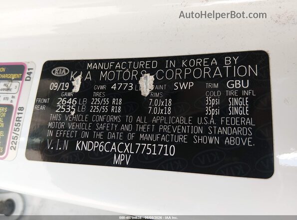 KNDP6CACXL7751710 2020 KIA SPORTAGE White Вид підкапотного простору