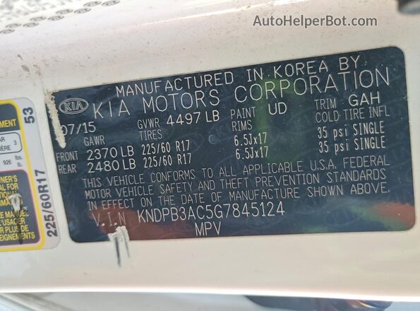 KNDPB3AC5G7845124 2016 KIA SPORTAGE Белый Вид наклейки с VIN-кодом