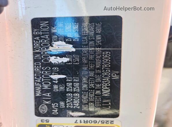 KNDPB3AC8G7809069 2016 KIA SPORTAGE Белый Вид наклейки с VIN-кодом