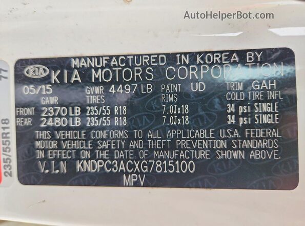 KNDPC3ACXG7815100 2016 KIA SPORTAGE White Вид наклейки з VIN-кодом