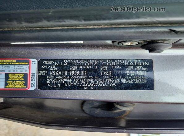 KNDPCCAC8G7803205 2016 KIA SPORTAGE Gray VIN sticker view