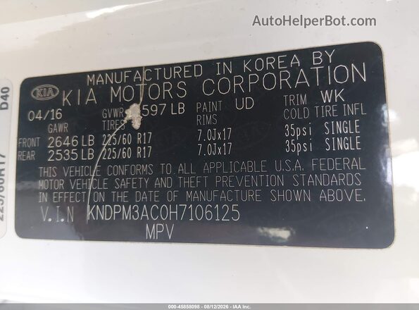 KNDPM3AC0H7106125 2017 KIA SPORTAGE White Вид підкапотного простору