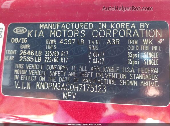 KNDPM3AC0H7175123 2017 KIA SPORTAGE Burgundy Widok komory silnika