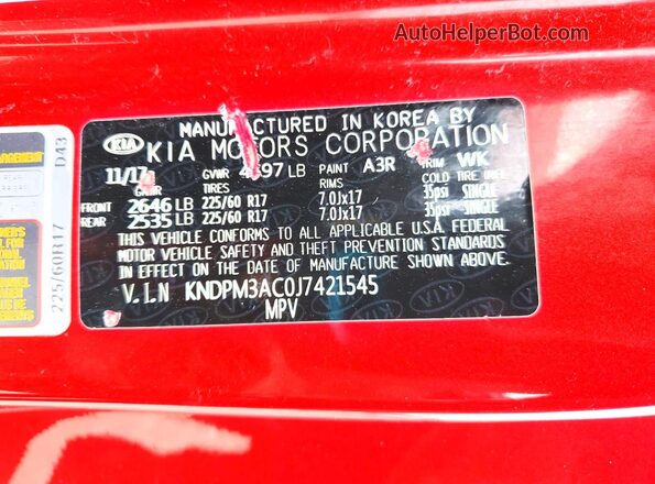 KNDPM3AC0J7421545 2018 KIA SPORTAGE Красный Панорамный вид салона 360°