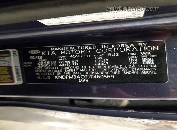 KNDPM3AC0J7460569 2018 KIA SPORTAGE Blue VIN კოდის სტიკერის ხედი
