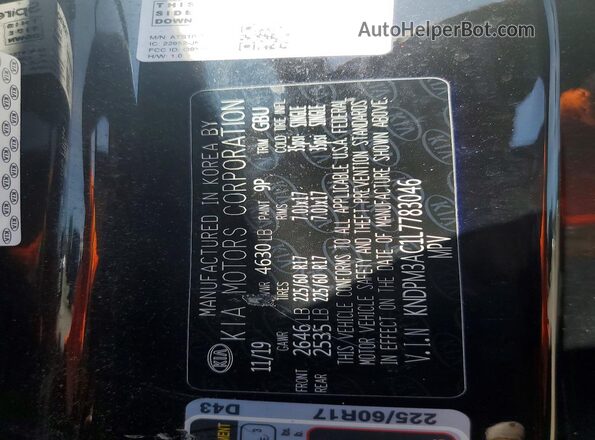 KNDPM3AC1L7783046 2020 KIA SPORTAGE Black VIN կոդի պիտակի տեսք