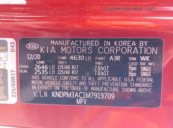 KNDPM3AC1M7919709 2021 KIA SPORTAGE Red Widok wnętrza 360 stopni