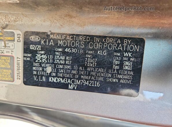 KNDPM3AC1M7942116 2021 KIA SPORTAGE Gray Вид наклейки з VIN-кодом