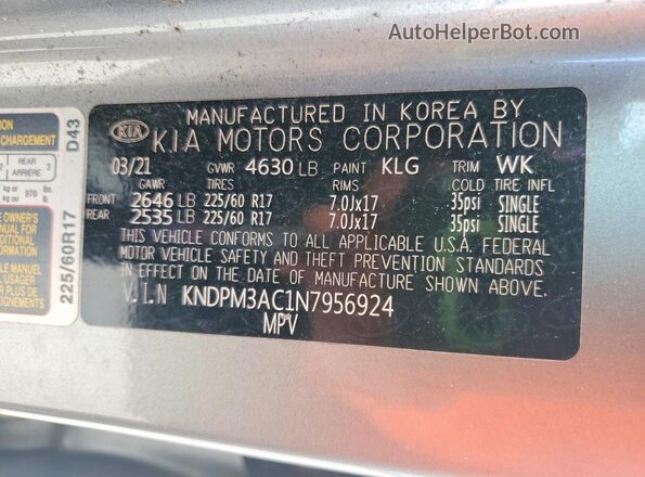 KNDPM3AC1N7956924 2022 KIA SPORTAGE Gray Widok naklejki z numerem VIN