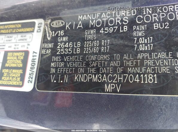 KNDPM3AC2H7041181 2017 KIA SPORTAGE Blue Vista del compartimento del motor