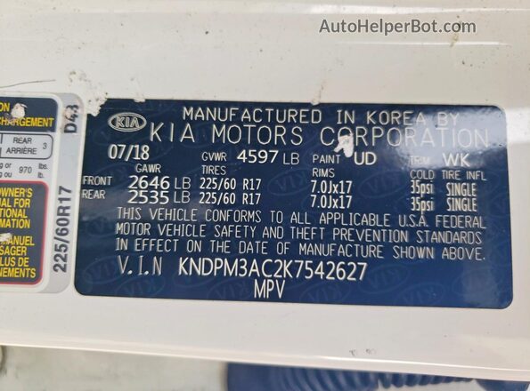 KNDPM3AC2K7542627 2019 KIA SPORTAGE White VIN կոդի պիտակի տեսք