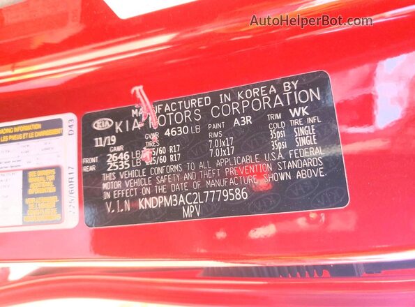 KNDPM3AC2L7779586 2020 KIA SPORTAGE Красный Вид наклейки с VIN-кодом