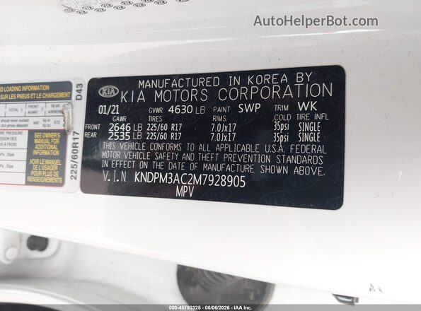 KNDPM3AC2M7928905 2021 KIA SPORTAGE White ძრავის განყოფილების ხედი
