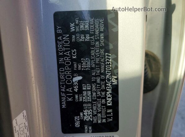 KNDPM3AC2N7013277 2022 KIA SPORTAGE Silver VIN კოდის სტიკერის ხედი