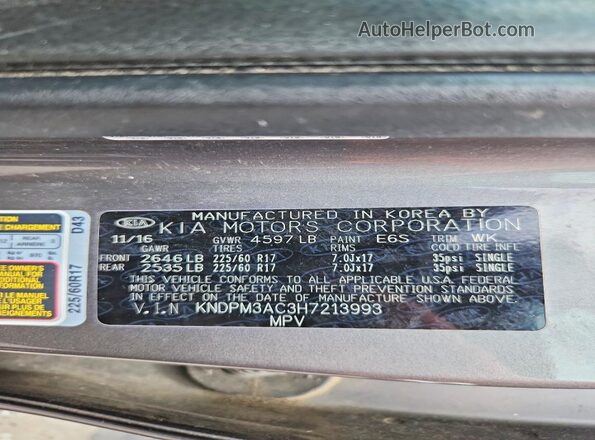 KNDPM3AC3H7213993 2017 KIA SPORTAGE Серебряный Вид наклейки с VIN-кодом
