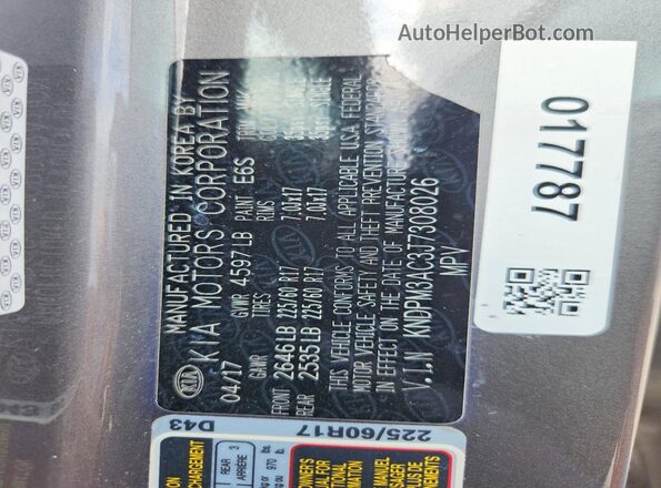 KNDPM3AC3J7308026 2018 KIA SPORTAGE Gray Вид наклейки з VIN-кодом