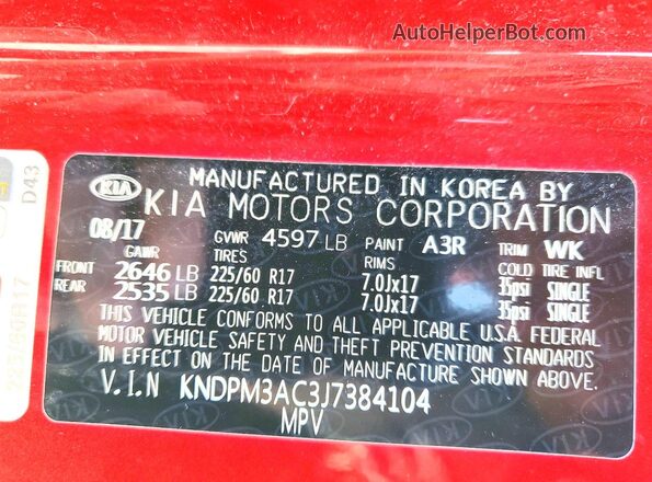KNDPM3AC3J7384104 2018 KIA SPORTAGE Red Vista interior de 360 grados