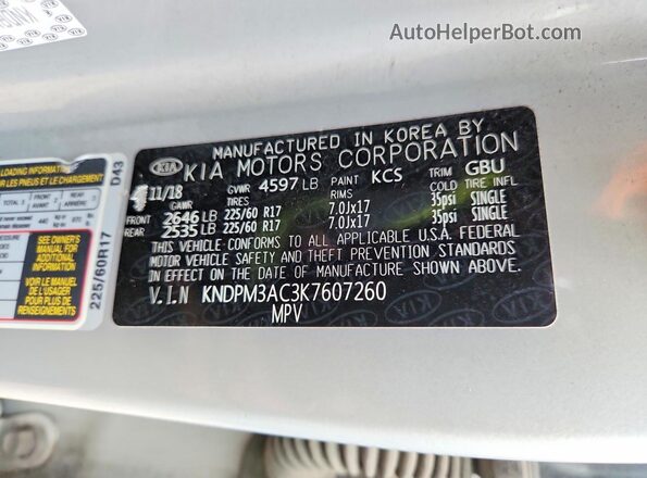 KNDPM3AC3K7607260 2019 KIA SPORTAGE Silver Widok wnętrza 360 stopni