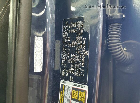 KNDPM3AC4K7598472 2019 KIA SPORTAGE Blue VIN կոդի պիտակի տեսք