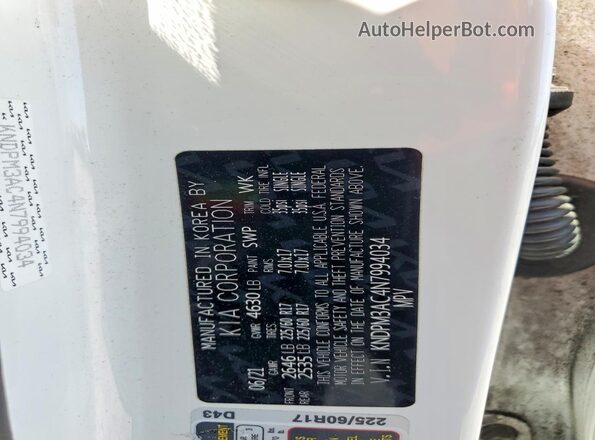 KNDPM3AC4N7994034 2022 KIA SPORTAGE White Вид наклейки з VIN-кодом