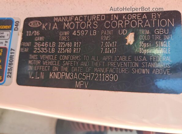 KNDPM3AC5H7211890 2017 KIA SPORTAGE White Vista del compartimento del motor