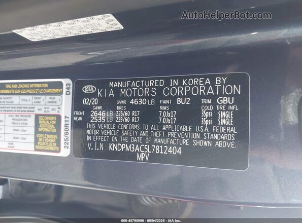 KNDPM3AC5L7812404 2020 KIA SPORTAGE Blue Widok komory silnika