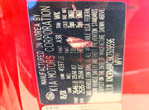 KNDPM3AC6K7509596 2019 KIA SPORTAGE Red VIN կոդի պիտակի տեսք